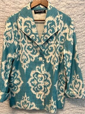 Aqua and Cream Cotton Blazer thick weave cool buttons size large